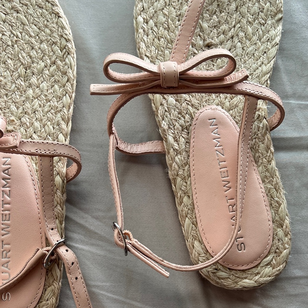 Stuart Weitzman Pink Leather Bow Espadrille Thong Sandals - Picture 3 of 5